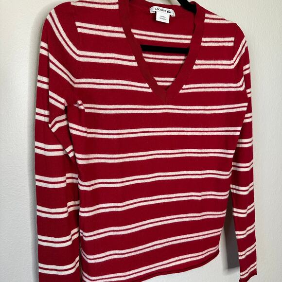 Lacoste Women's Long Sleeve V-neck Striped Sweater Merino Wool Red Cream Size M - Picture 5 of 12